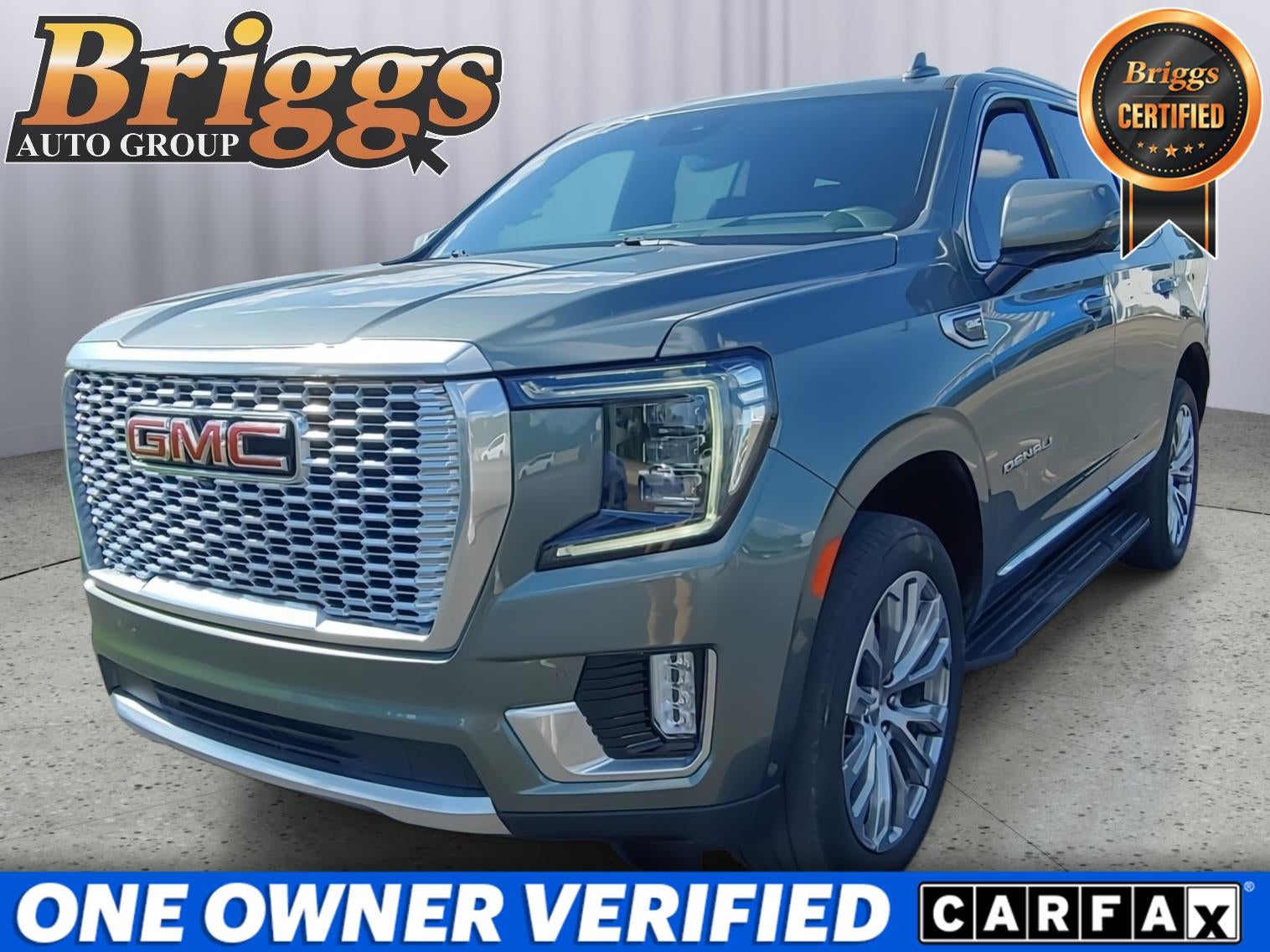 2024 GMC Yukon Denali in Frosted Pine Metallic — front three-quarter view