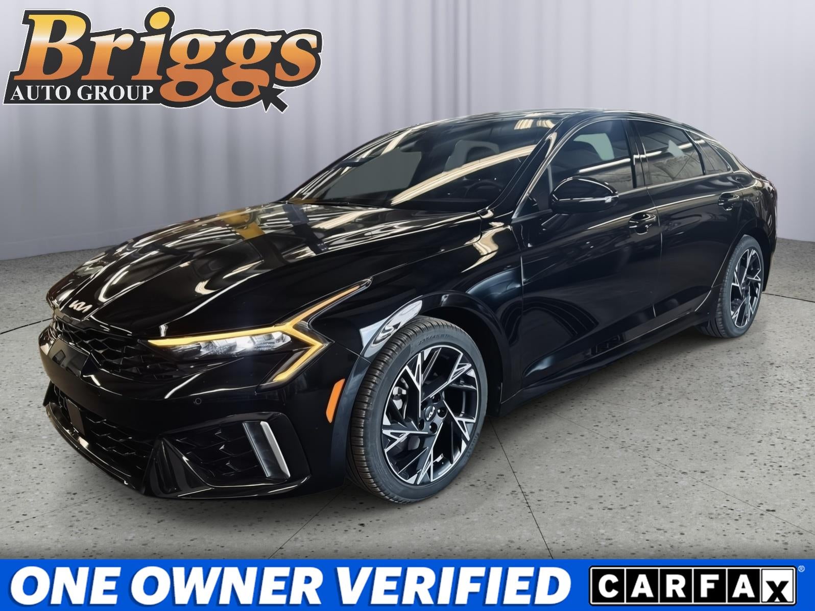 2025 Kia K5 GT-Line in Aurora Black Pearl — front three-quarter view