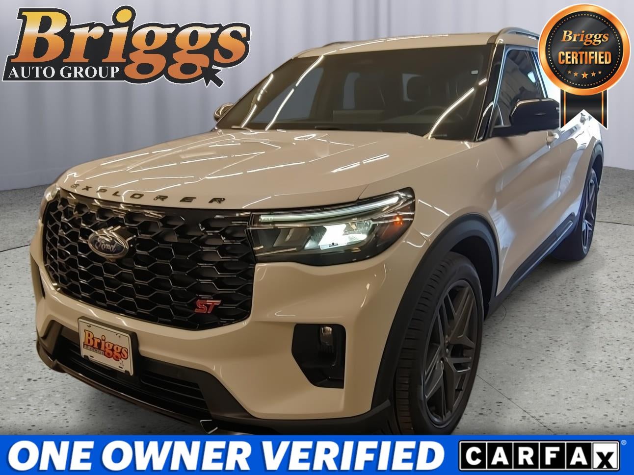 2025 Ford Explorer ST in Star White Metallic Tri-Coat — front three-quarter view