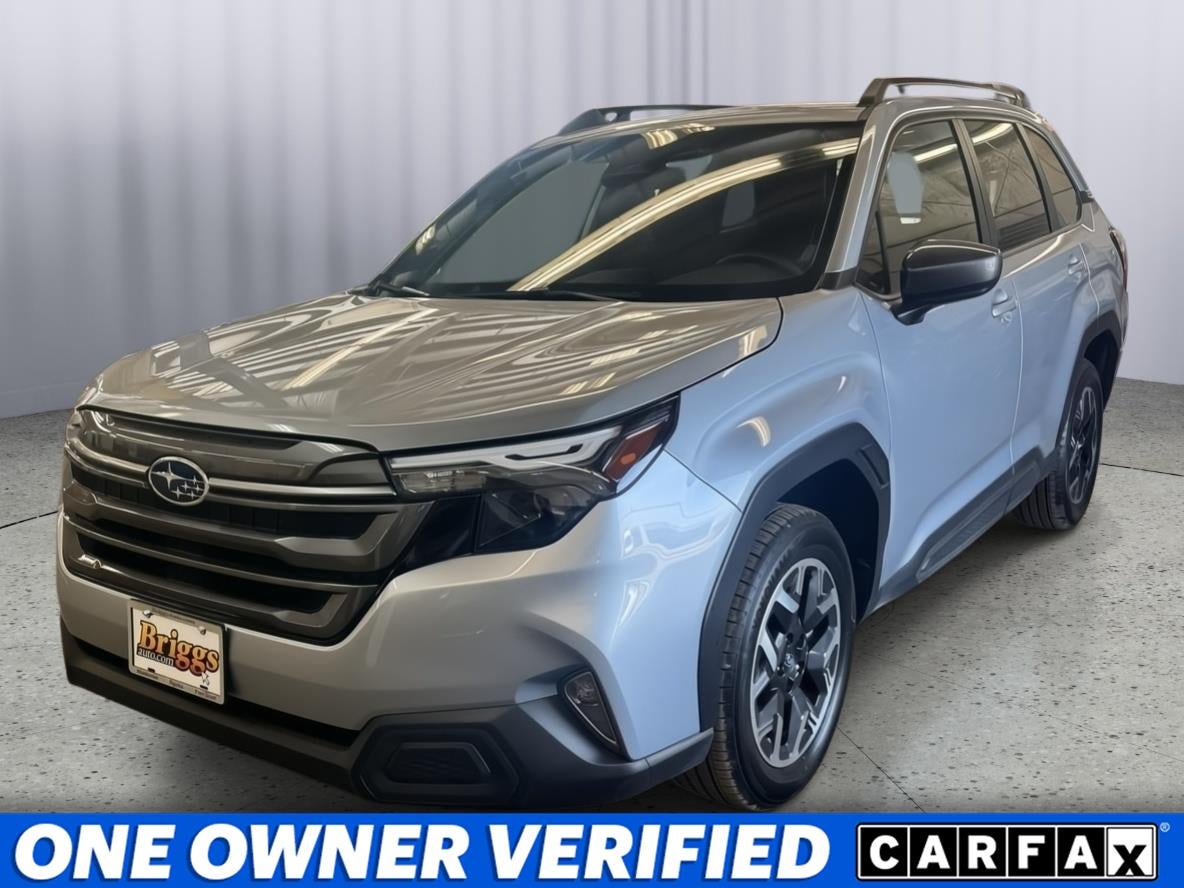 2025 Subaru Forester Premium in Ice Silver Metallic — front three-quarter view