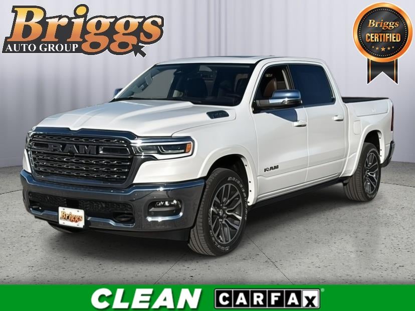2025 RAM 1500 Longhorn in Ivory White Tri-Coat Pearlcoat — front three-quarter view